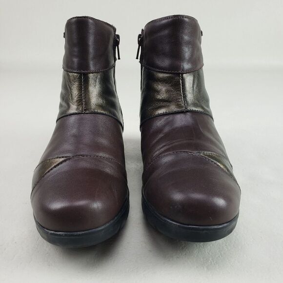 Onfoot Leather Ankle Wedge Boot Womens 6.5 EU 37 Brown & Gold Side Zip Spain - Picture 3 of 11
